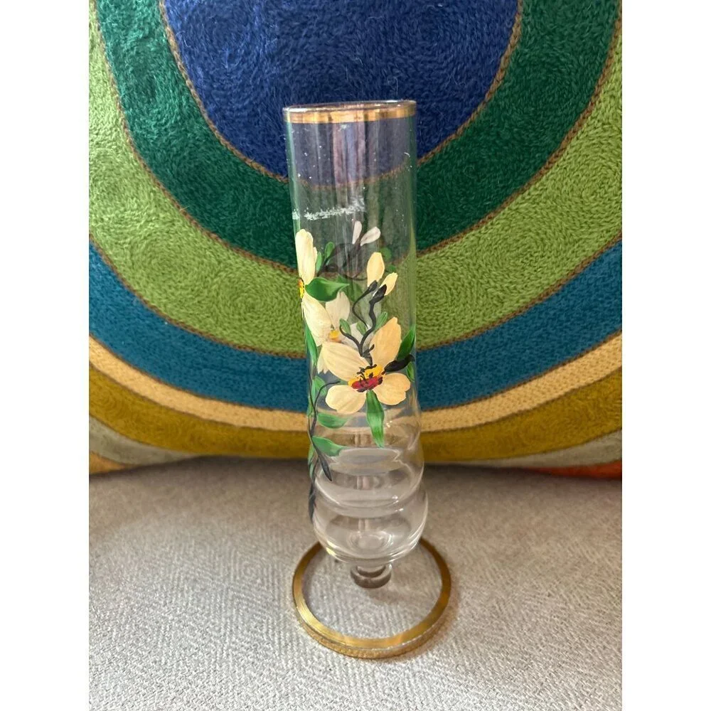 Vintage Hand-painted Pedestal GLASS VASE Painted Flowers Floral Gold Rim 8.25